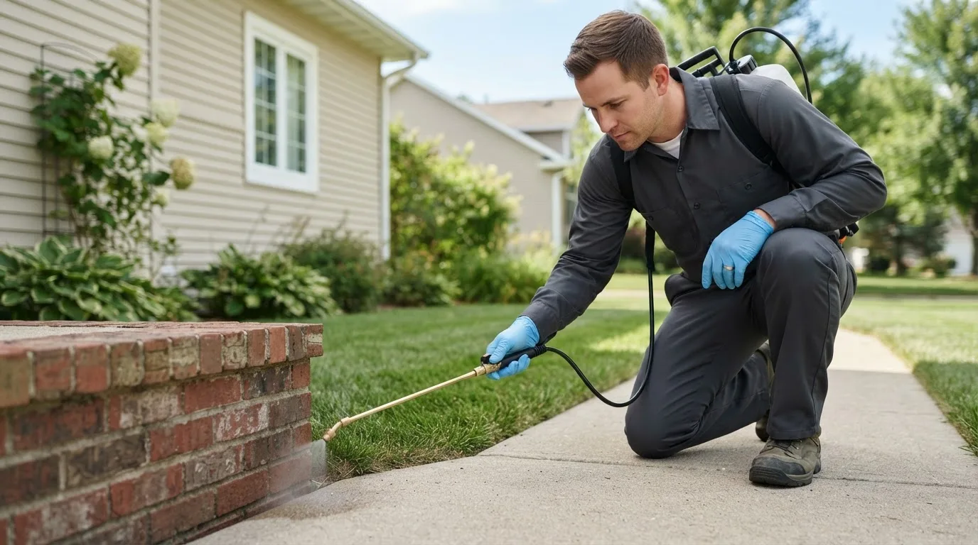 Pest control technician treating a home near Barnesville, OH