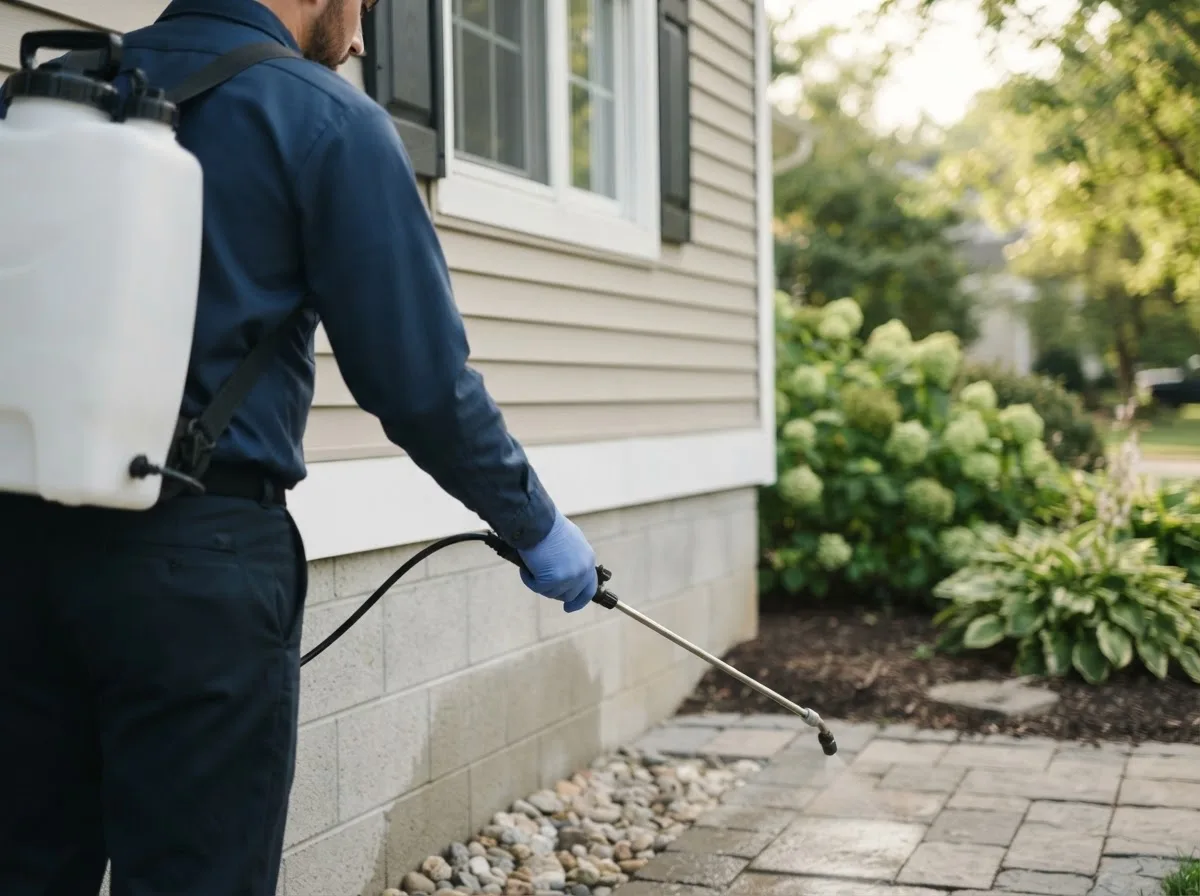 Pest control technician inspecting a home in Barnesville, OH